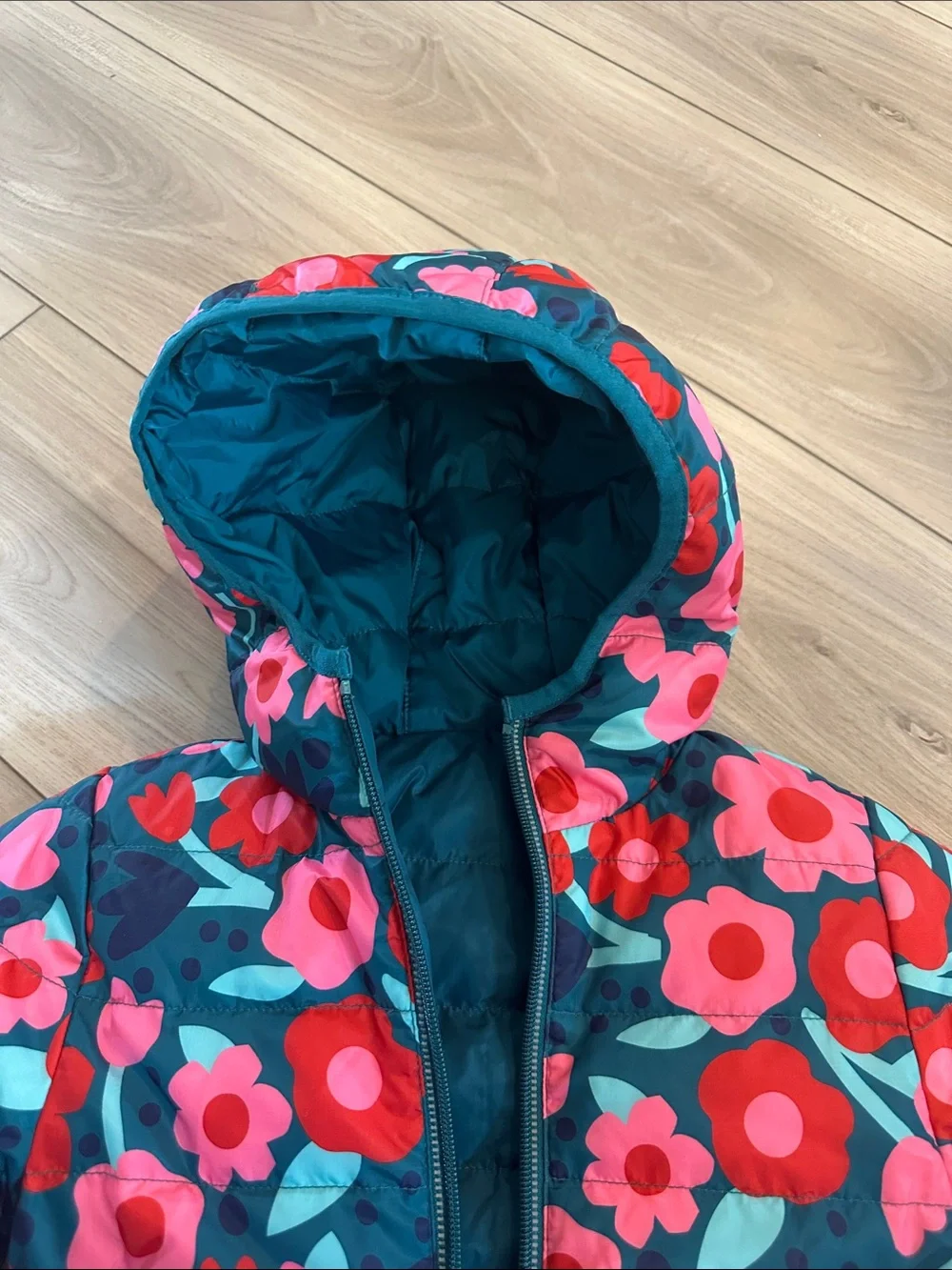 Hanna Andersson Floral Hooded Puffer Jacket - Teal, Pink & Red